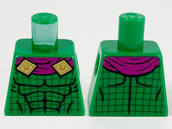 Lego Torso Magenta Scarf with Gold Clasps, Black Muscle Contours, and Dark Green Grid Lines Pattern / Green
