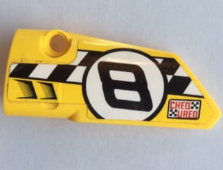 Lego Technic, Panel Fairing # 3 Small Smooth Long, Side A with 'CHEQ URED' and Black Number 8 on Checkered Background Pattern (Sticker) - Set 42058 / Yellow