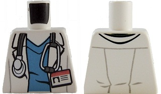 Lego Torso Hospital Lab Coat, Dark Azure Scrubs, ID Badge and Stethoscope Pattern / White