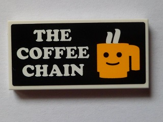 Lego Tile 2 x 4 with 'THE COFFEE CHAIN' and Yellow Cup with Minifigure Smile Pattern (Sticker) - Set 60097