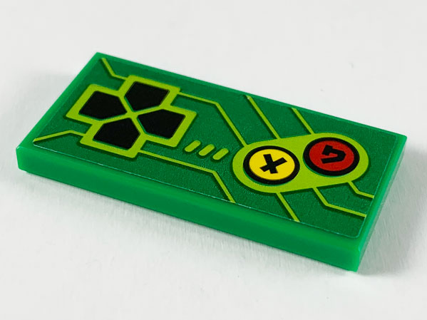 Lego Tile 2 x 4 with Arcade Game Controls, Black Directional Pad, Yellow and Red Buttons, and Lime Lines Pattern (Sticker) - Set 71716