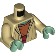 Lego Torso Robe, Open, Dark Orange Shirt with Sash Print (Yoda), Tan Arms, Sand Green Hands / Tan