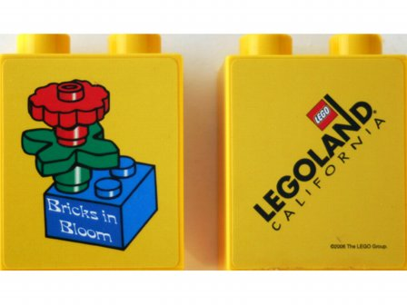 Lego Duplo, Brick 1 x 2 x 2 with Bricks in Bloom Red Flower on Blue Brick Pattern (Stickered)