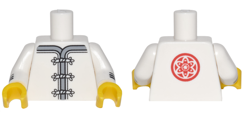 Lego Torso Ninjago Robe with Gray Trim, White Frog Clasps and Red Flower Medallion Pattern / White Arms with Black and Gray Cuffs Pattern / Yellow Hands