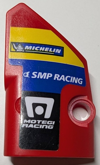 Lego Technic, Panel Fairing # 2 Small Smooth Short, Side B with Michelin, 'SMP RACING' and Motegi Racing Logos on Yellow, Blue and Black Stripes Pattern (Sticker) - Set 42125 / Red