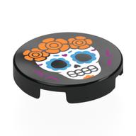 Lego Tile Round 2 x 2 with Calavera (Skull) with Orange Flowers Print / Black
