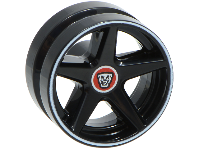 Lego Wheel 21mm D. x 11mm with 5 Spokes with Silver and Red Jaguar Logo and White Rim Edge Pattern / Black