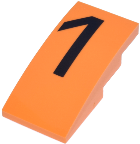 Lego Slope, Curved 4 x 2 with Black Stylized Number 1 Pattern Model Right Side / Orange