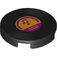 Lego Tile Round 2 x 2 with Vinyl Record, Bright Light Orange Center, Magenta Music Note Print / Black