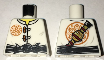 Lego Torso Ninjago Dark Orange Flower Medallion and Toggle Buttons, Black Sash, Pipe on Back Pattern / White