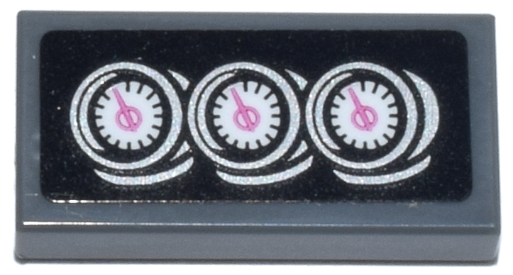 Lego Tile 1 x 2 with Silver and White Dashboard Gauges with Dark Pink Dials on Black Background Pattern (Sticker) - Set 77241 / Dark Bluish Gray