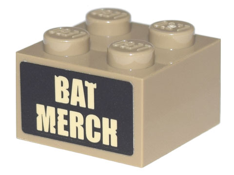 Lego Brick 2 x 2 with Tan 'BAT MERCH' Pattern (Sticker) - Set 70840 / Dark Tan