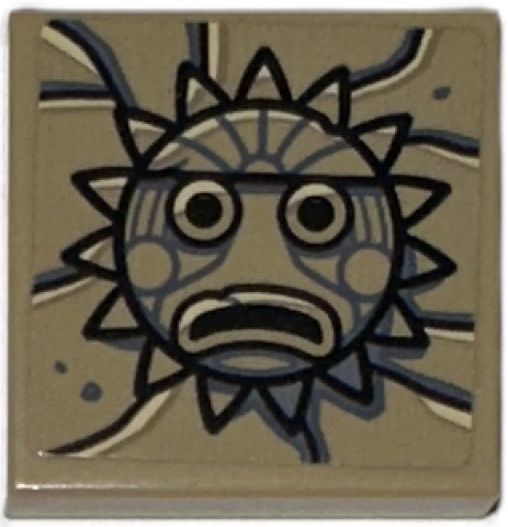 Lego Tile 2 x 2 with Black and Dark Bluish Gray Idol Head, Sad Sun on Stone Background Pattern (Sticker) - Set 77015 / Dark Tan