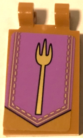 Lego Tile, Modified 2 x 3 with 2 Open O Clips with Gold Fork on Medium Lavender Banner Background Pattern Model Right Side (Sticker) - Set 75826