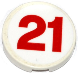 Lego Tile, Round 2 x 2 with Bottom Stud Holder with Red '21' Pattern (Sticker) - Set 60115 / White