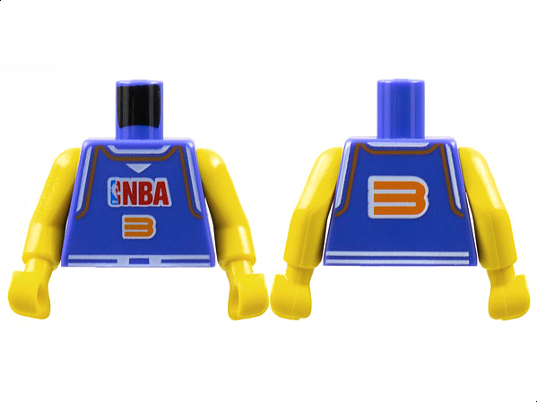Lego Torso Basketball Jersey Tank Top with White Trim, NBA Logo, and Orange Number 3 Pattern / Yellow NBA Arms