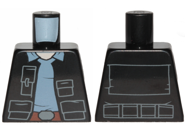 Lego Torso SW Vest Open with Pockets over Sand Blue Shirt with Collar, Reddish Brown Belt with Dark Bluish Gray Buckle, Light Nougat Neck Pattern / Black