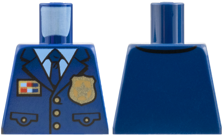 Lego Torso Police Suit with Tie and Pockets, Gold Star Badge Logo and Buttons, Light Blue Undershirt Pattern / Dark Blue