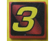 Lego Tile 2 x 2 with Number  3 Yellow on Red and Black Background Pattern (Sticker) - Set 8219 / Red