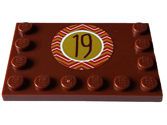 Lego Tile, Modified 4 x 6 with Studs on Edges with Reddisch Brown Number 19 in Gold Circle with Red and White Zigzag Border Pattern (Sticker) - Set 4002023