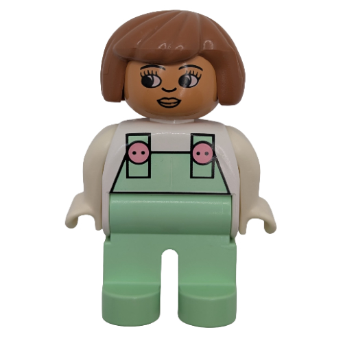 Lego Duplo Figure, Early, Hair Bob Fabuland Brown, Light Green Legs, Light Green Overalls with Pink Buttons Print / White