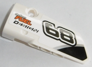 Lego Technic, Panel Fairing # 3 Small Smooth Long, Side A with Black '68' and 'action FUEL DESIGN' Pattern (Sticker) - Set 42045 / White