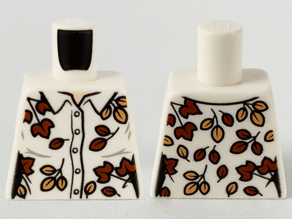 Lego Torso Female Button Up Shirt, Tan and Reddish Brown Leaves Pattern / White