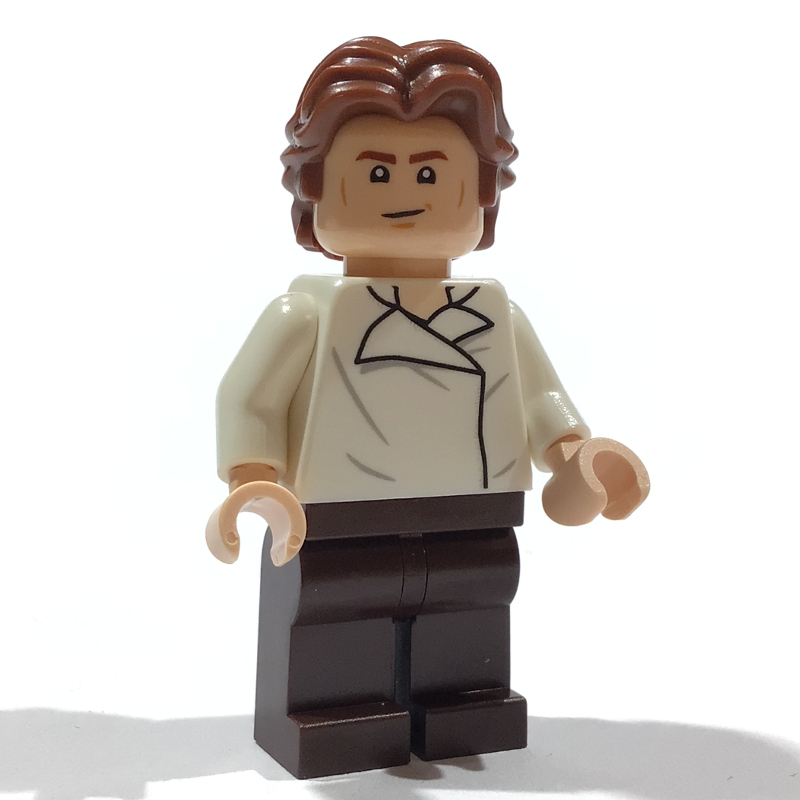 Lego Han Solo, White Shirt, Dark Brown Legs, Dual Sided Head Open Mouth / Closed Eyes with Open Mouth, Ruffled Hair