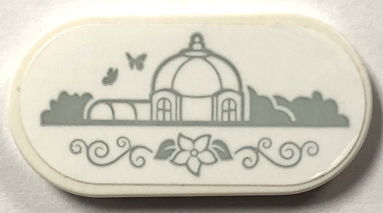 Lego Tile, Round 2 x 4 Oval with Light Bluish Gray Botanical Garden Sign with Greenhouse, Butterflies and Flower Pattern (Sticker) - Set 41757