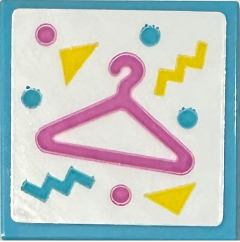Lego Tile 2 x 2 with Dark Pink and Yellow Clothes Hanger, Dots, Triangles and Zigzags on White Background Pattern (Sticker) - Set 42614