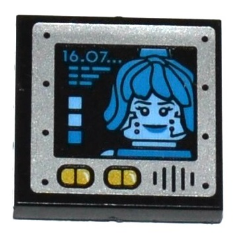 Lego Tile 2 x 2 with '16.07...' and Dark Azure Female Minifigure Head on Screen, Speaker Grille and Yellow Buttons Pattern (Sticker) - Set 70588 / Black