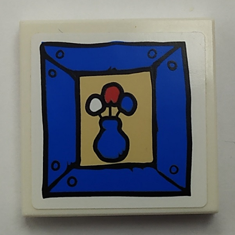 Lego Tile 2 x 2 with Painting of Blue Vase on Tan Background in Blue Frame Pattern (Sticker) - Set 3832 / White