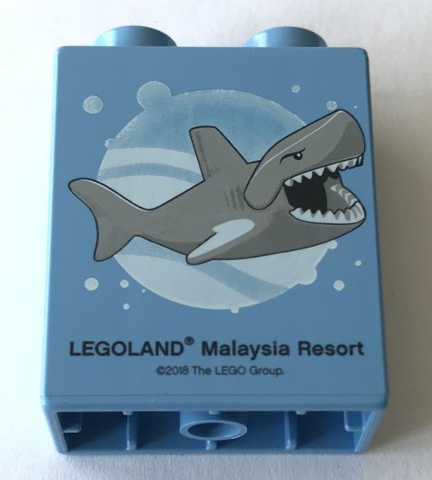 Lego Duplo, Brick 1 x 2 x 2 with Shark 2018 LEGOLAND Malaysia Resort Pattern / Medium Blue