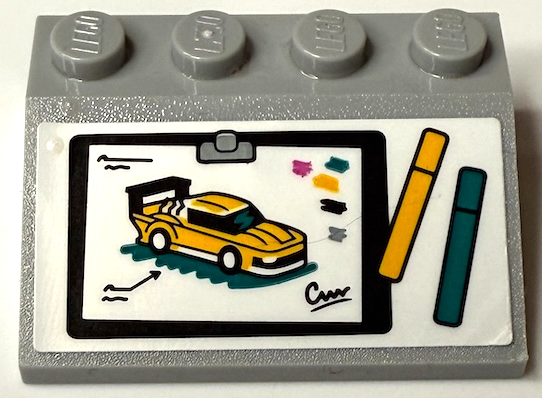 Lego Slope 33 3 x 4 with Clipboard with Car Paint Diagram, Splotches, Bright Light Orange and Dark Turquoise Pens Pattern (Sticker) - Set 60389 / Light Bluish Gray