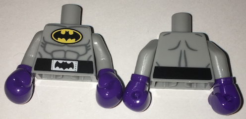 Lego Torso Batman Logo in Yellow Oval with Muscles and Black Belt with Bat on Buckle Pattern / Light Bluish Gray Arms / Dark Purple Boxing Gloves