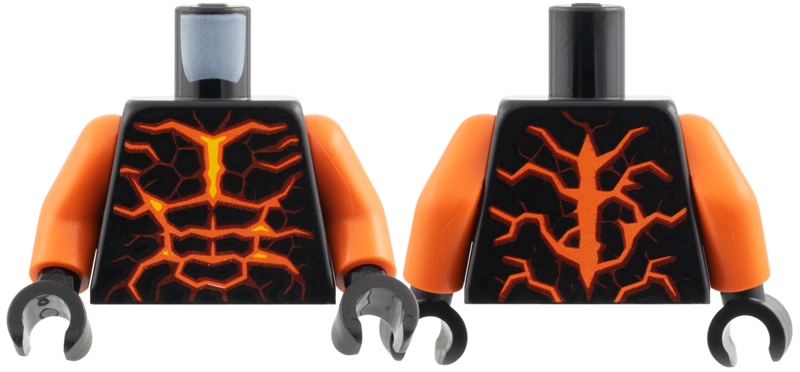 Lego Torso Orange, Yellow, and Dark Red Lava Fire Muscle Contours Pattern / Reddish Orange Arms / Black Hands