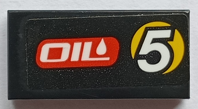 Lego Tile 1 x 2 with White 'OIL' and Number 5 in Yellow Circle Pattern Model Left Side (Sticker) - Set 60288 / Black