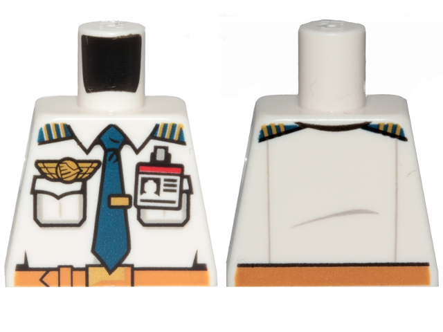 Lego Torso Airplane Pilot, Shirt with Dark Blue Tie with Clip, Epaulettes, Gold Logo Pin and Red and White ID Badge Pattern / White