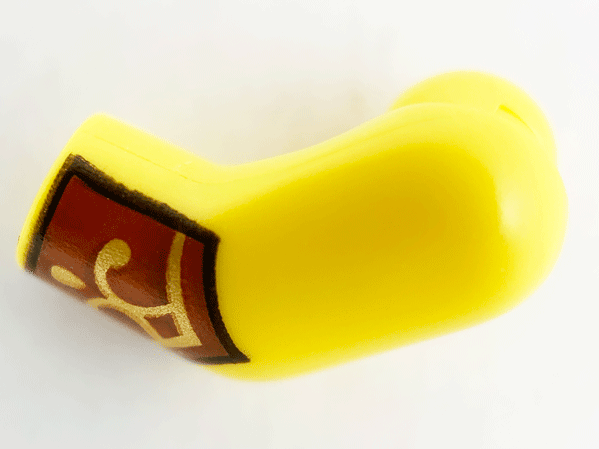 Lego Arm, Left with Reddish Brown and Gold Cuffs Pattern / Yellow