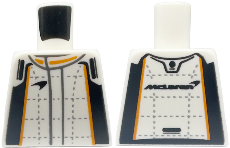 Lego Torso Racing  Suit with Black and Orange Stripes, Silver Lines and Stitching, 'McLaren' on Back Pattern / White