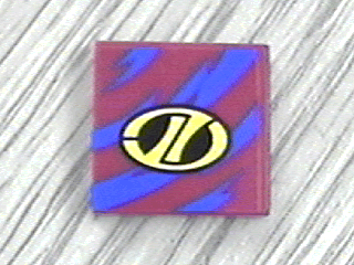Lego Tile 2 x 2 with Yellow Stylized 'LT' on Black Oval Racing Logo over Blue Streaks Pattern (Sticker) - Set 8244 / Red
