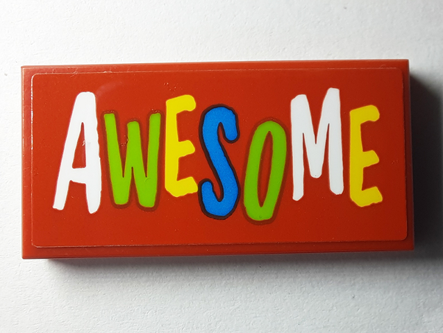 Lego Tile 2 x 4 with Dark Azure, Lime, White and Yellow 'AWESOME' Pattern (Sticker) - Set 40385 / Red