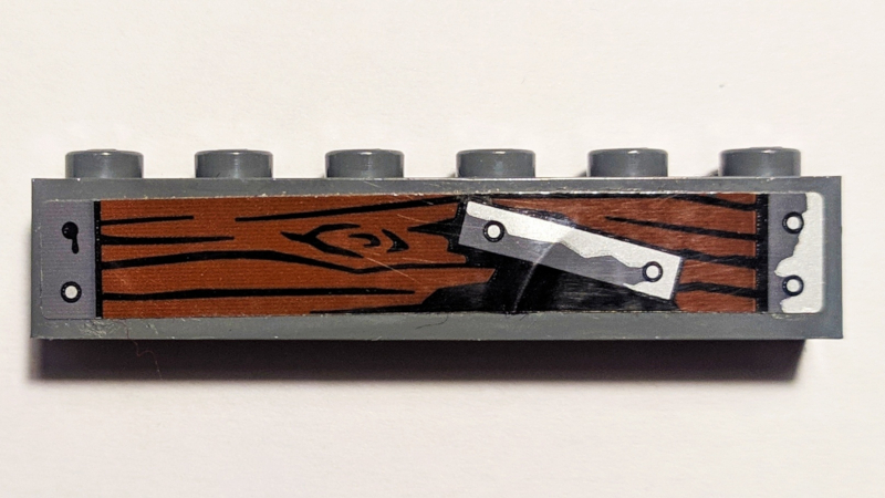 Lego Brick 1 x 6 with Wood Grain, Metal Plates and Silver Nails Pattern Model Right Side (Sticker) - Set 70605 / Dark Bluish Gray