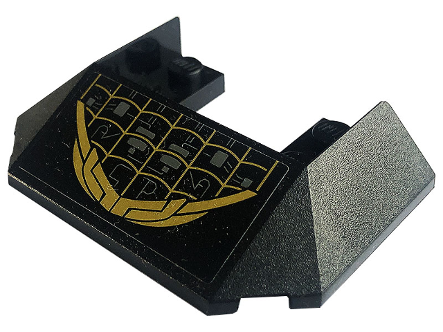 Lego Wedge 6 x 4 Cutout (Train Roof) with 5 Large Bottom Tubes with Dark Bluish Gray Cables, Gold Spider Web and Armor Plates Pattern (Sticker) - Set 76195 / Black