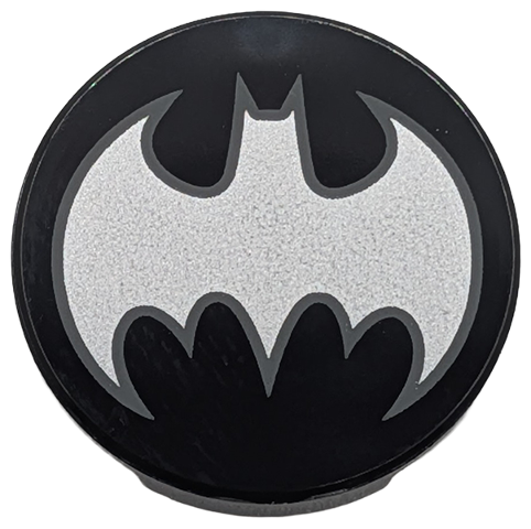 Lego Tile, Round 2 x 2 with Bottom Stud Holder with Silver Batman Logo and Dark Bluish Gray Outline Pattern