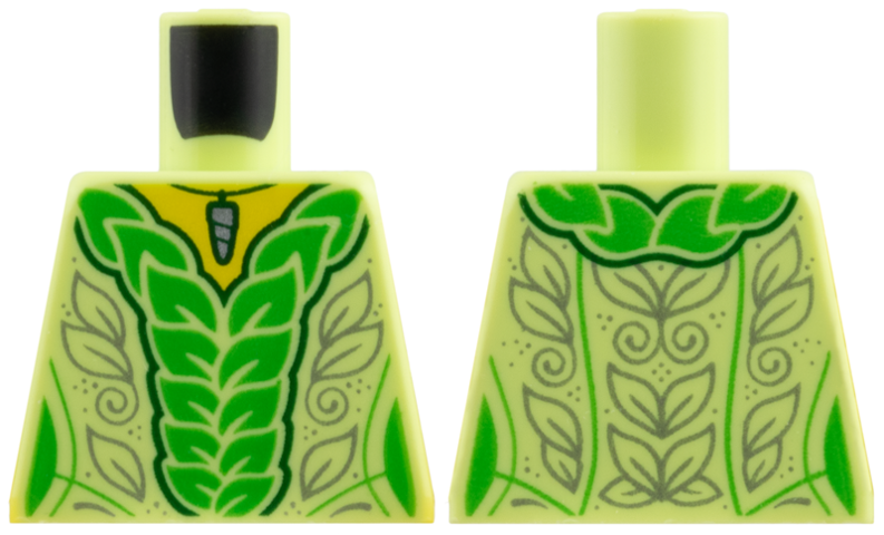 Lego Torso Female, Yellow Neck, Silver Pendant, Bright Green Leaves, Silver Filigree Pattern / Yellowish Green