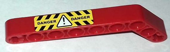Lego Technic, Liftarm, Modified Bent Thick 1 x 9 (7 - 3) with 'DANGER' and White Hazard Triangle with Black and Yellow Stripes Pattern (Sticker) - Set 8283