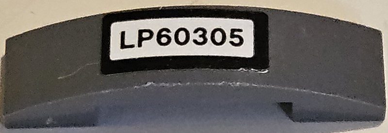 Lego Slope, Curved 4 x 1 x 2/3 Double with 'LP60305' Pattern (Sticker) - Set 60305 / Dark Bluish Gray