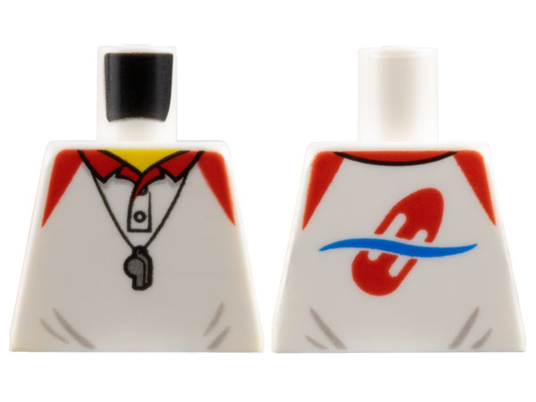 Lego Torso Polo Shirt with Red Collar and Shoulders, Silver Whistle, Yellow Neck, Lifeguard Float on Back Pattern / White