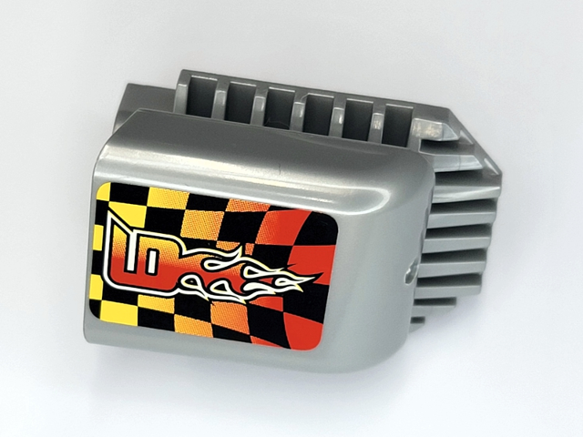Lego Technic Engine Tuneable, Block with Trapezoidal Air Scoop with Orange, Yellow, Black and White Number 9 and Checkered Pattern (Sticker) - Set 8376